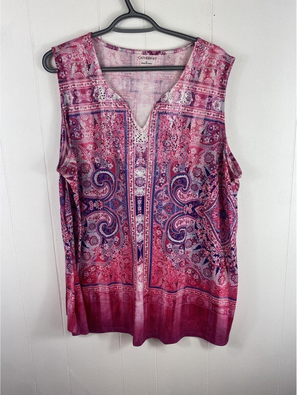 Catherine’s Pink Blouse Geometric Print Gem Fairy Spring Summer Popover 2X Artsy